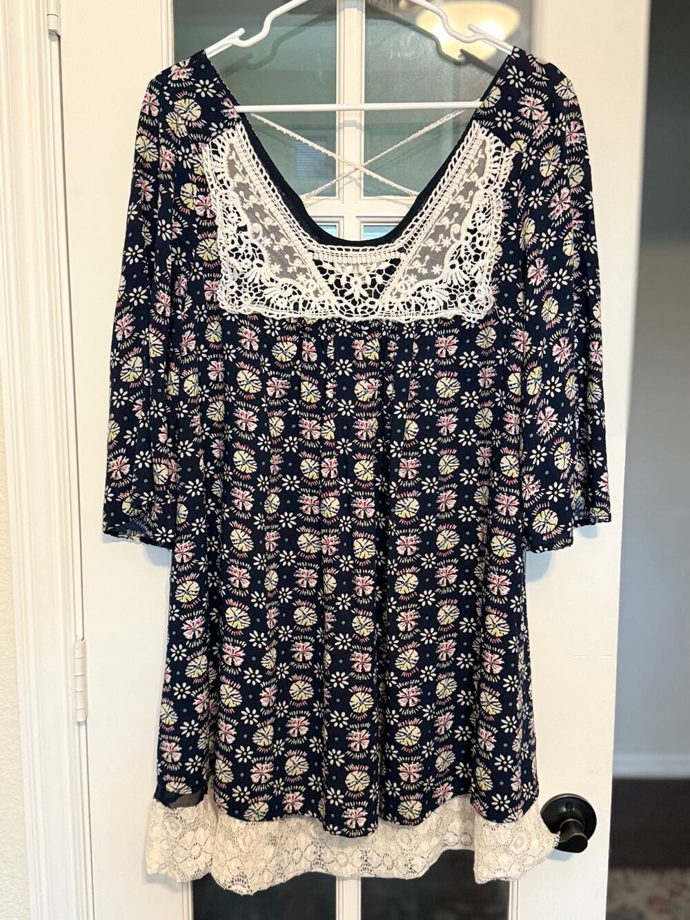 Umgee USA Medium Navy Floral Lace Trim Boho Babydoll Tunic Dress